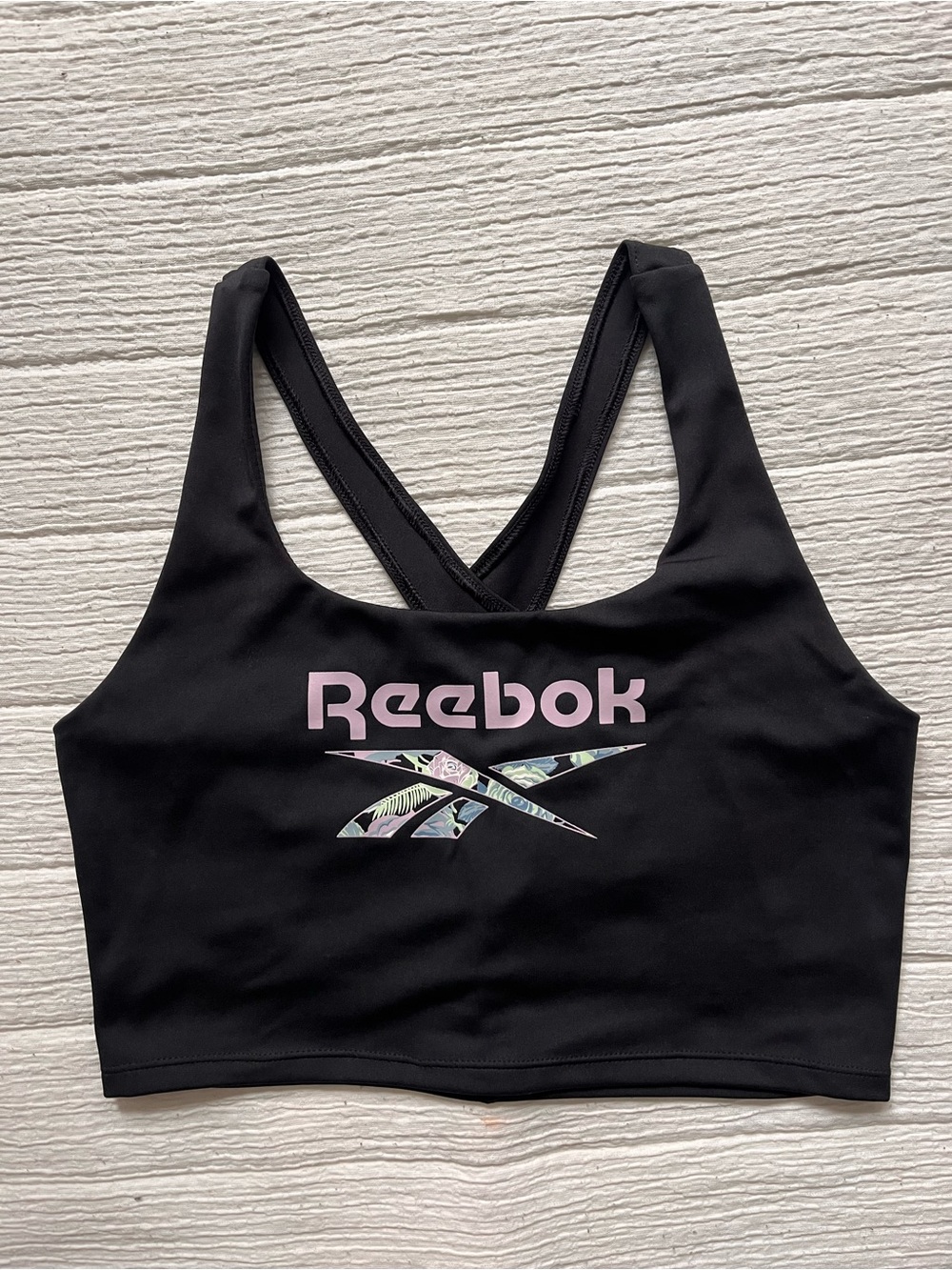 Reebok Black Sports Crop Top with Lavendar Logo